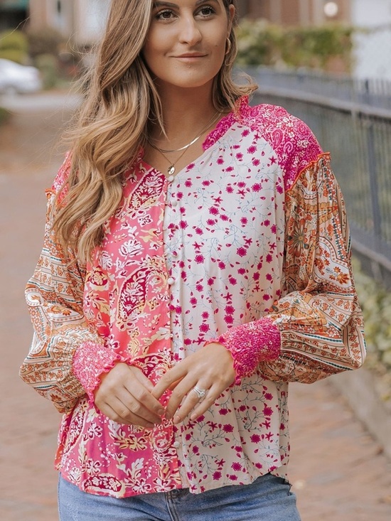 Tops - Boho Mixed Floral & Paisley Print Button Front Blouse - Size Large